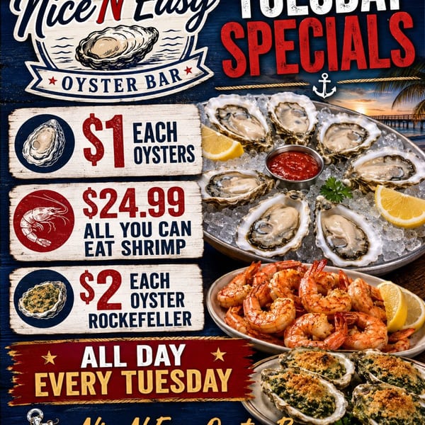 A Nice N Easy Oyster Bar advertisement for Tuesday specials, featuring raw oysters, shrimp, and oysters Rockefeller.
