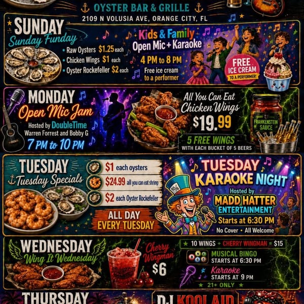 A vibrant, illustrated menu board for Oyster Bar & Grille, detailing daily specials and events.