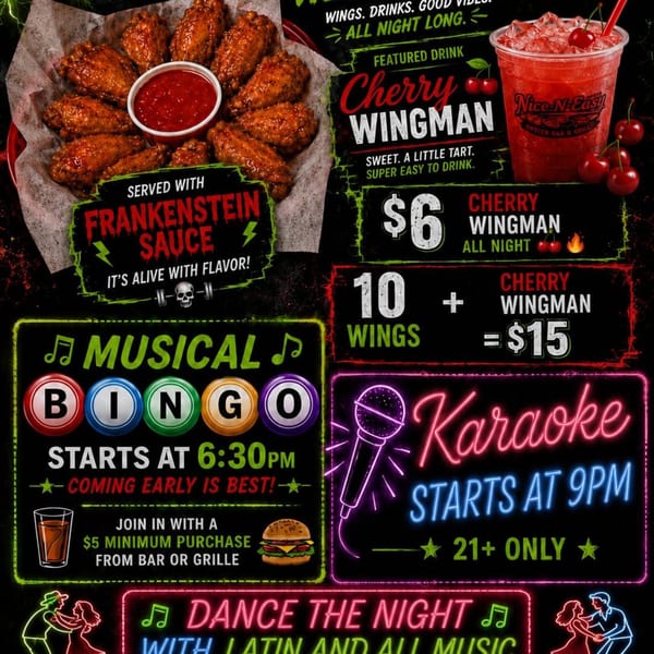 A promotional flyer for a restaurant, featuring chicken wings, a cherry drink, and event details.