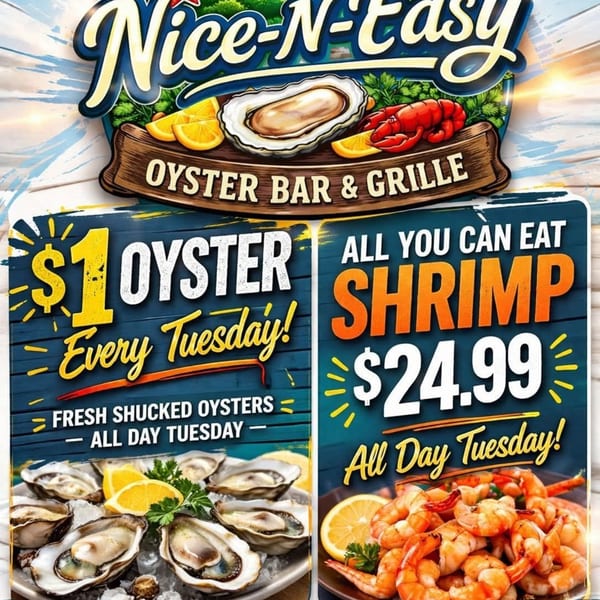 Nice-N-Easy Oyster Bar & Grille ad for $1 oysters and all-you-can-eat shrimp.