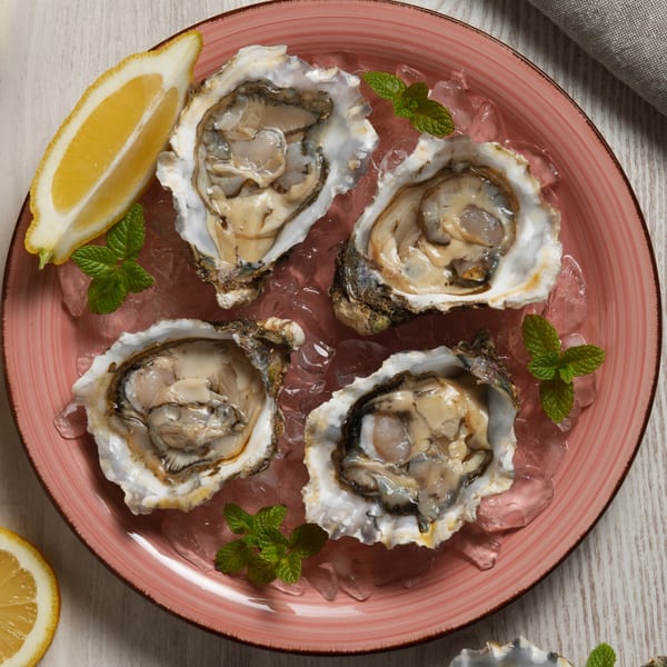 Four fresh oysters on the half shell, served on ice with lemon and mint on a pink plate.