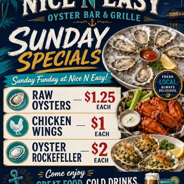Nice N Easy Oyster Bar & Grille Sunday Specials menu with raw oysters, chicken wings, and oyster Rockefeller.